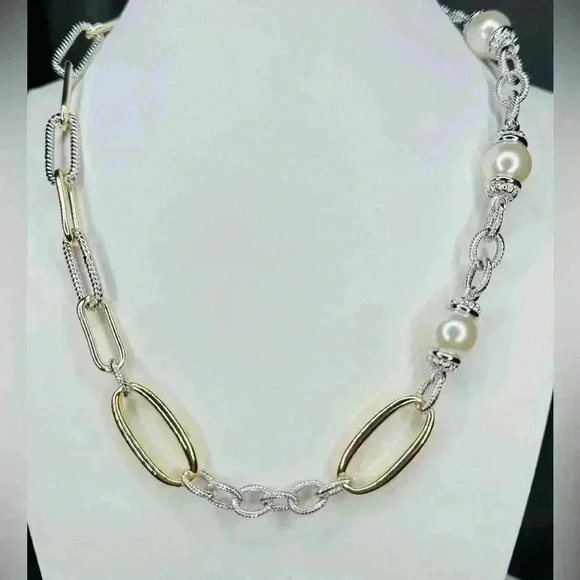 Gold & Pearls On Paper Clip Chain & Toggle Closure - Picture 1 of 5